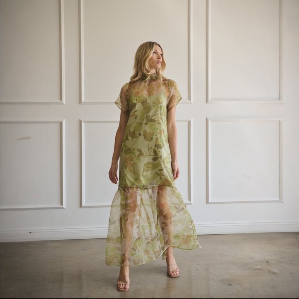 NWT Sugarlips Ellerey Floral Green Sheer Dress